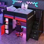 Lit mezzanine gaming bois 140x200 rouge / noir bureau led usb escalier rangement design sport