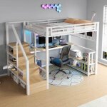 Lit mezzanine - langtu - 140x200 - bureau int�gr� - escalier rangement - led r�glable + station charge ...