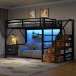 Lit mezzanine - langtu - 140x200 m�tal - noir - led connect�e (app) - escalier avec rangements