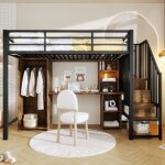 Lit mezzanine - langtu - 90x200 - escalier rangement - armoire int�gr�e - cadre m�tal noir