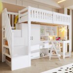 Lit mezzanine - langtu - 90x200cm - bureau & armoire int�gr�s - escalier de rangement - bois massif blanc ...