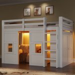 Lit mezzanine luonians90x200cmavec armoire int�gr�e 2 fen�tres et �clairage ledblanc