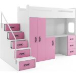 Lit mezzanine max 4 en 80x200 avec bureau armoire matelas sommier et escalier en blanc + rose