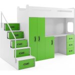 Lit mezzanine max 4 en 80x200 avec bureau armoire matelas sommier et escalier en blanc + vert