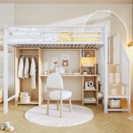 Lit mezzanine - merax - lit mezzanine avec bureau et rangements - 90x200 cm - m�tal & mdf - armoire et ...