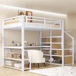 Lit mezzanine en m�tal 140 � 200 cm avec �chelle de rangement �tag�re et bureau lit pour enfant barri�re ...