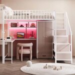 Lit mezzanine en m�tal 140 x 200 cm - avec armoire tiroirs �chelle et barri�res de s�curit� - avecled ...