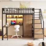 Lit mezzanine en m�tal 140 x 200 cm - avec armoire tiroirs �chelle et barri�res de s�curit� - avecled ...