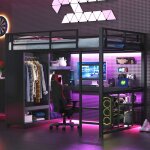 Lit mezzanine en m�tal 140 x 200 cm avec bureau et �clairage led lit superpos� avec armoire ouverte et ...