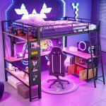 Lit mezzanine en m�tal 140 x 200 cm - avec �clairage led bureau espace de rangement �tag�res et ports ...