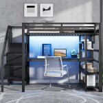 Lit mezzanine en m�tal 140 x 200 cm lit enfant avec escalier de rangement bureau �tag�re ports usb et ...