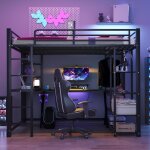 Lit mezzanine en m�tal 140x200 avec bureau et rangement noir maisentiel