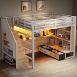 Lit mezzanine en m�tal 140x200 cm blanc ? avec bureau �tag�res escalier de rangement et 2 tiroirs int�gr�s ...