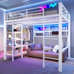 Lit mezzanine en m�tal - 140x200 cm - blanc - cadre en fer robuste - bande lumineuse led - �tag�re int�gr�e ...