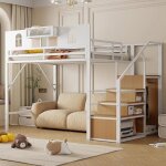 Lit mezzanine en m�tal 140x200 cm avec �chelle de rangement fen�tre �tag�re int�gr�e design unique avec ...