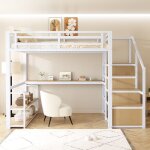 Lit mezzanine m�tal 140x200 avec �chelle de rangement et bureau maisentiel