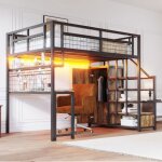 Lit mezzanine m�tal 140x200cm - ambiance - lit adulte avec bureau armoire escalier de rangement prises ...