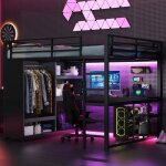 Lit mezzanine en m�tal 160 x 200 cm avec bureau et �clairage led lit superpos� avec armoire ouverte et ...