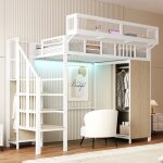 Lit mezzanine en m�tal 90�200 cm lit enfant lit simple avec armoire � portes coulissantes �tag�re amovible ...