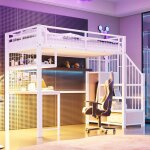 Lit mezzanine m�tal 90x200 - bureau int�gr� - led - escalier de rangement - armoire blanche