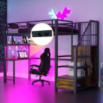 Lit mezzanine en m�tal - 90x200 cm - noir - bureau int�gr� led - �chelle de rangement s�curis�e