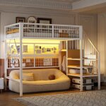 Lit mezzanine m�tal 90x200cm avec bande led app �chelle?rangement et armoire ouverte espace sous lit ...