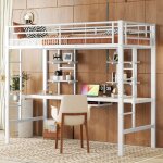 Lit mezzanine en m�tal blanc 90x200 cm avec bureau int�gr� 2 �tag�res �chelle et barri�re de s�curit� ...