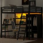 Lit mezzanine en m�tal avec bureau et armoire ouverte lit simple 140�200cm avec �clairage led et compartiments ...