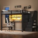 Lit mezzanine m�tal lit double 140x200 cm lit pour adulte avec bureau �tag�re armoire et escalier de ...