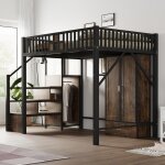 Lit mezzanine m�tal - grande armoire tiroirs - garde - corps bois m�tal - �chelle s�curis�e - 140x200cm ...