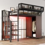 Lit mezzanine en m�tal - modernluxe - 90x200 cm - avec armoire - �chelle de s�curit� - �clairage led