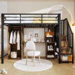 Lit mezzanine m�tal noir 90x200 ? bureau + armoire int�gr�e escalier rangement ? sur�lev� pour chambre ...