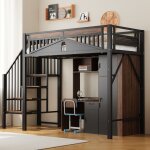Lit mezzanine en m�tal noir avec �chelle s�curis�e rangements et garde - corps