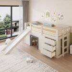 Lit mezzanine mi - hauteur 90 x 200 cm lit enfant avec toboggan trois tiroirs et barri�re de s�curit� ...