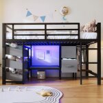 Lit mezzanine mi - hauteur pour enfant 90 x 200 cm avec coussin tiroirs de rangement en tissu �clairage ...