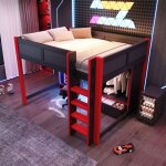 Lit mezzanine multifonction 140x200 cm espace bureau led rangement avec armoire et tiroirs id�al pour ...