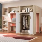Lit mezzanine multifonction bois naturel avec bureau armoire �tag�res et led