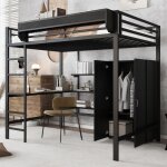 Lit mezzanine multifonctionnel 140 x 200 cm structure en fer forg� avec armoire bureau et �tag�res de ...