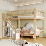 Lit mezzanine - naturel - 140x200cm - bois massif - escalier de rangement - 1 place Lit mezzanine - naturel - 140x200cm - bois massif - escalier de rangement - 1 place