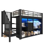 Lit mezzanine noir 90x200 cm avec bureau et led - armoire ouverte et tiroirs de rangement int�gr�s sans ...