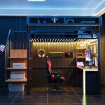 Lit mezzanine noir en m�tal avec bureau rangements led et prises