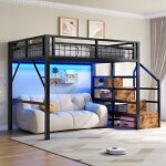 Lit mezzanine noir en m�tal avec led et escalier de rangement