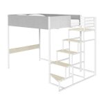 Lit mezzanine avec sommier et escalier en tissu gris clair mtal blanc et mlamine imitation chne - ...