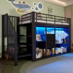 Lit mezzanine avec rangement - 90x200 cm - 2 tiroirs - armoire ouverte - �clairage led multicolore