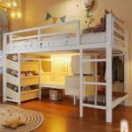 Lit mi - hauteur 90x200 - langtu - m�tal blanc - led multicolores - coussin & rangements tissu - sommier ...