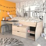 Lit mi - hauteur enfant 90x190 / 200 bois avec bureau et rangements ch�ne et noir - terre de nuit