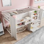 Lit mi - hauteur forme maison - 90x200 cm - blanc - pin - espace de rangement - espace de divertissementsans ...