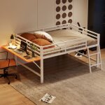 Lit mi - hauteur - merax - lit 140x200 cm - �clairage led ajustable - bureau pliable - m�tal blanc