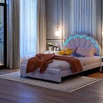 Lit moderne 140x200cm - blanc - tête de lit pétale - lumière led - velours doux - 2 places Lit moderne 140x200cm - blanc - tête de lit pétale - lumière led - velours doux - 2 places