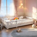 Lit montessori enfant 90x190 cm - lit au sol en bois massif de pin avec barri�re de s�curit� et sommier ...